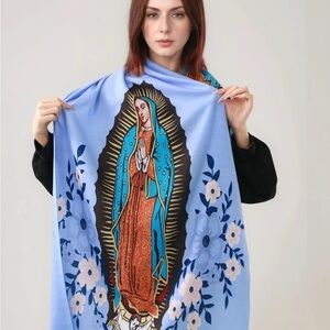 Blue Virgin Mary Scarf with Floral Design